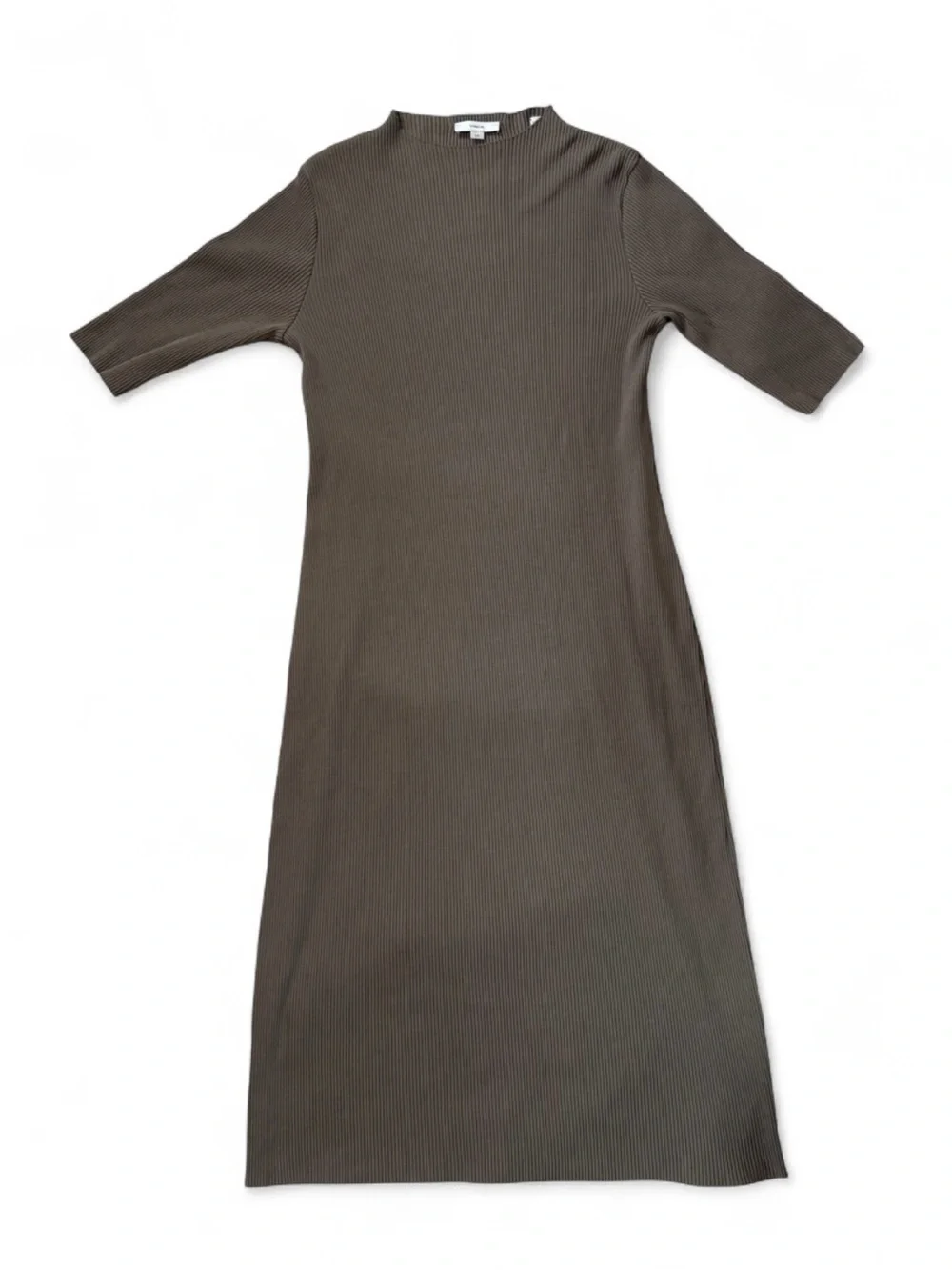 Vince Cotton Spandex Ribbed Mock Neck Elbow Sleeve Dress Taupe L